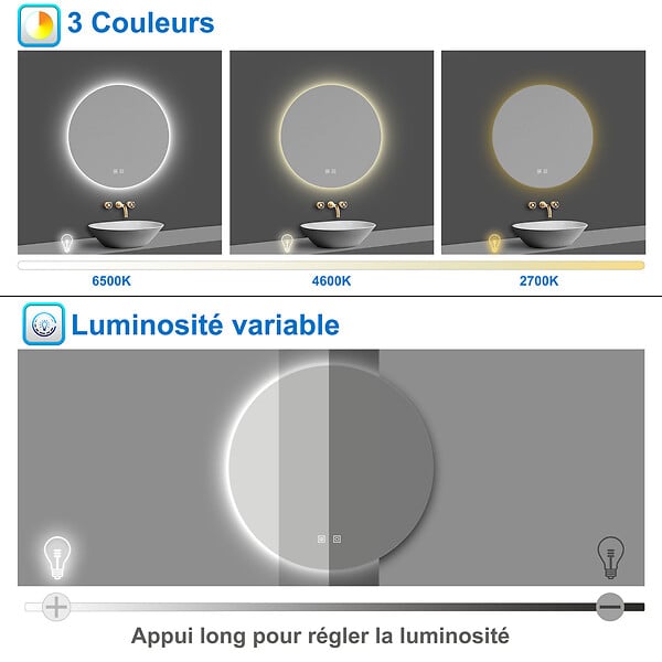 AICA SANITAIRE - AICA Miroir de salle de bain LED rond de 90 cm avec rétro-éclairage sans cadre, tricolore + anti-buée + mémoire + gradation infinie - large