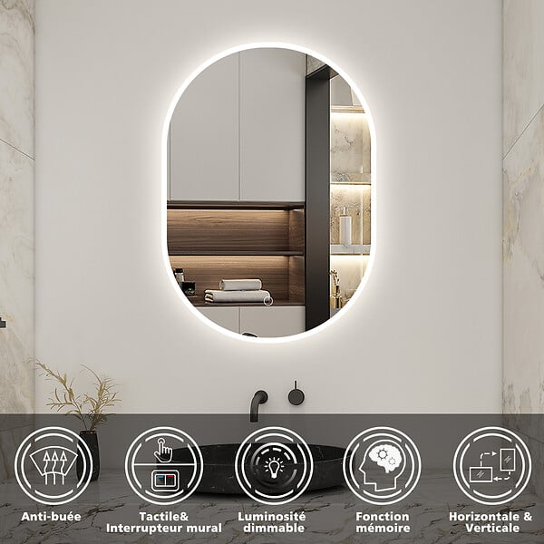 AICA SANITAIRE - AICA Miroir de salle de bain ovale 45x75 cm, anti-buée + mémoire + dimmable - large