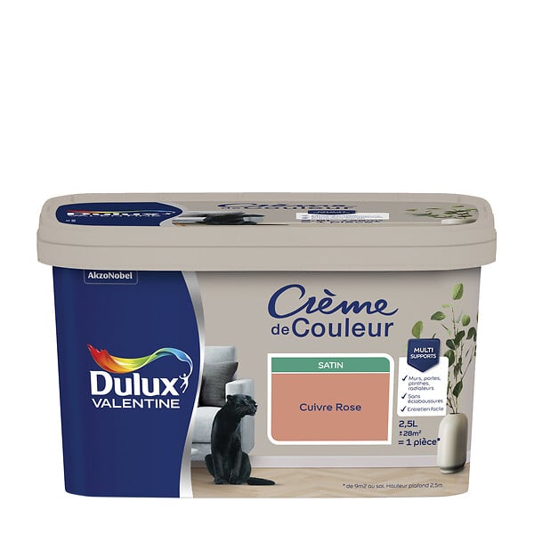 DULUX VALENTINE - Peinture Crème de Couleur - Cuivre Rose - Satin - 2.5 L - large
