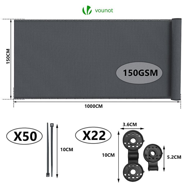VOUNOT - Brise vue occultant en HDPE 150g/m² 1.5x10m avec attaches de fixation anthracite - large
