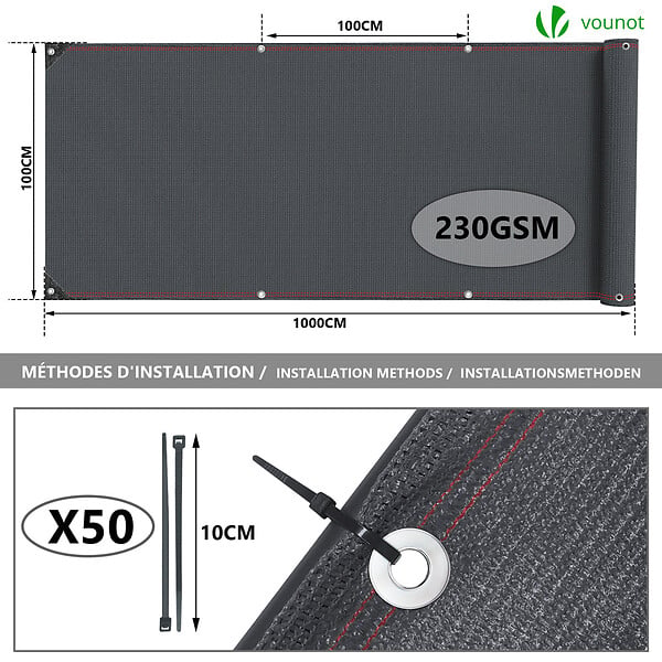VOUNOT - Brise vue occultant en HDPE 230g/m² 1x10m avec attaches de fixation anthracite - large