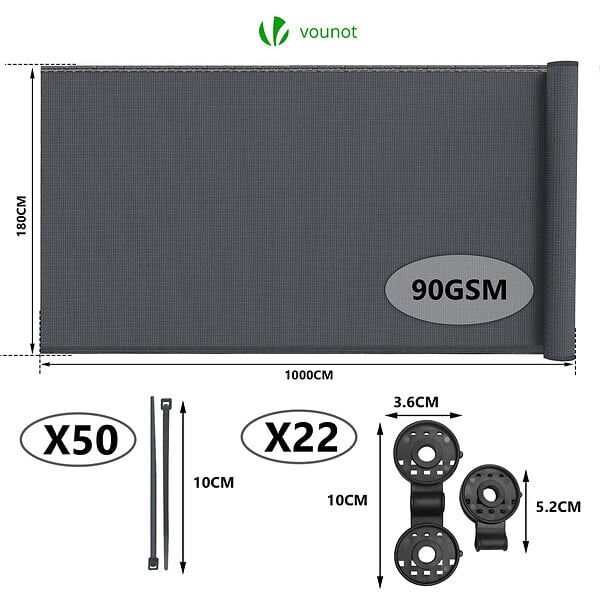 VOUNOT - Brise vue occultant en HDPE 90g/m² 1.8x10m avec attaches de fixation anthracite - large