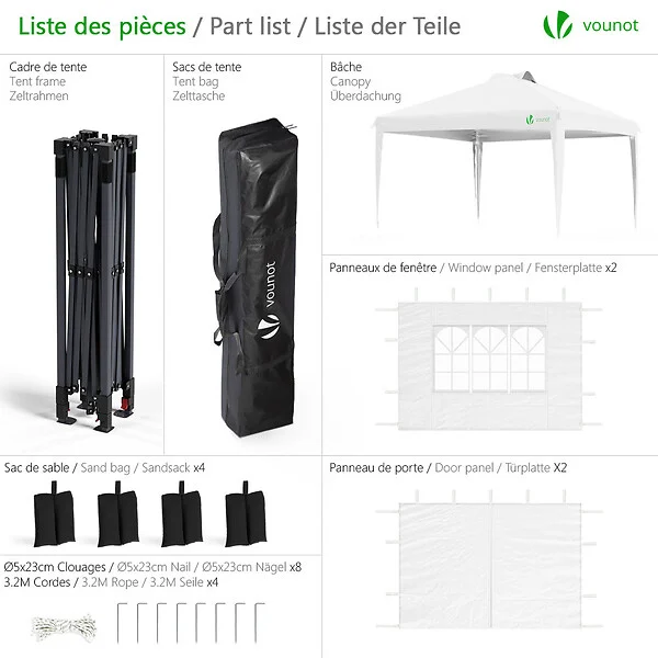 VOUNOT - Tonnelle de Jardin 3x3m POP UP installation facile avec portes et fenetres Blanc - large