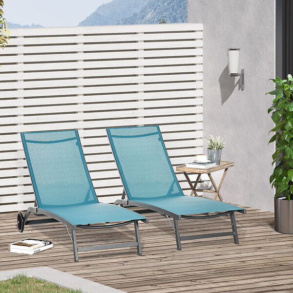 OUTSUNNY - Lot de 2 bains de soleil transats inclinables - 2 roulettes - alu. textilène bleu - large