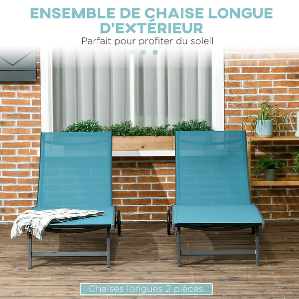 OUTSUNNY - Lot de 2 bains de soleil transats inclinables - 2 roulettes - alu. textilène bleu - large