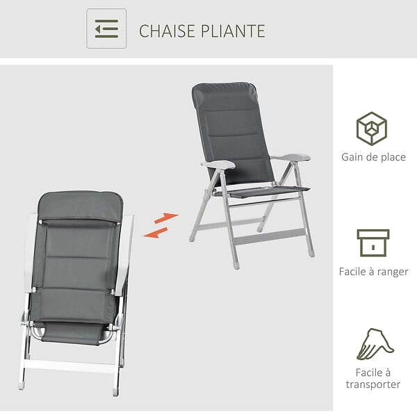 OUTSUNNY - Chaise de jardin pliante dossier haut inclinable multipositions accoudoirs tétière alu. oxford déperlant gris - large