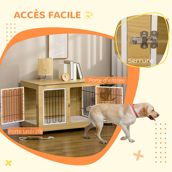PAWHUT - Cage pour chien sur pied - 2 portes verrouillables, coussin déhoussable inclus - acier filaire noir panneaux aspect bois clair - large