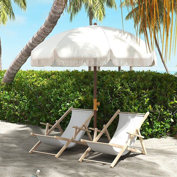 OUTSUNNY - Parasol droit de plage jardin style bohème à franges UV40+ crème - large