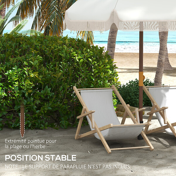 OUTSUNNY - Parasol droit de plage jardin style bohème à franges UV40+ crème - large