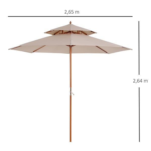 OUTSUNNY - Parasol en bois peuplier droit 2 toits polyester 180 g/m² dia. 2,65 x 2,64H m beige - large