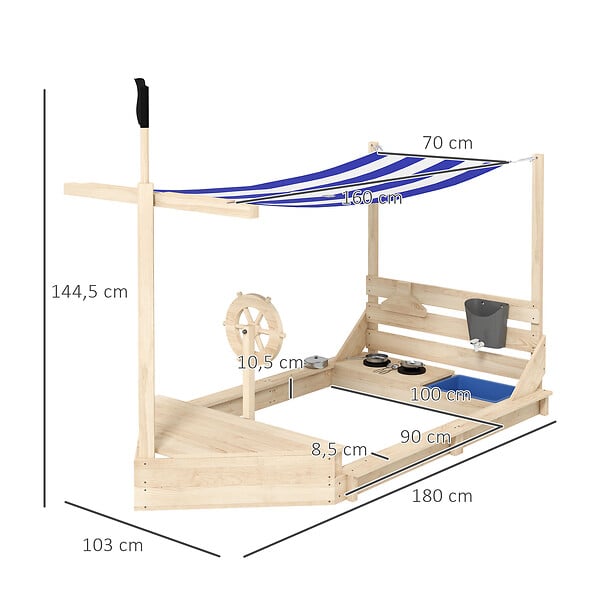 OUTSUNNY - Bac à sable bateau de pirate en bois avec jeu de cuisine et 6 accessoires - large