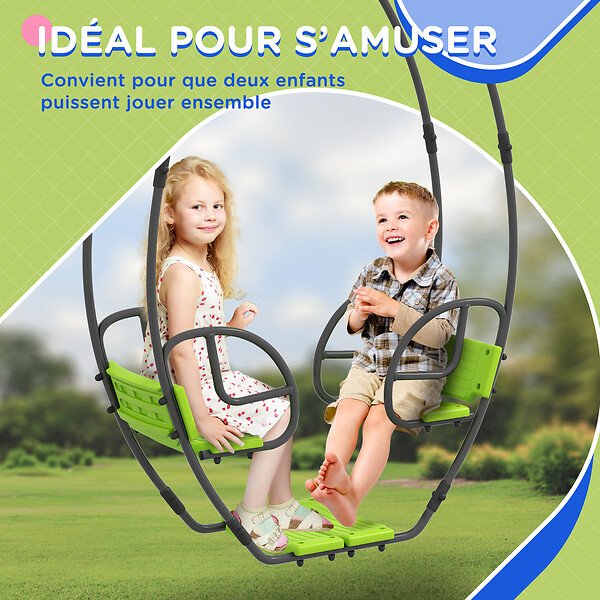 OUTSUNNY - Balançoire agrès face à face enfant 3 à 6 ans - assises, dossiers, repose-pieds - acier gris PE vert - large