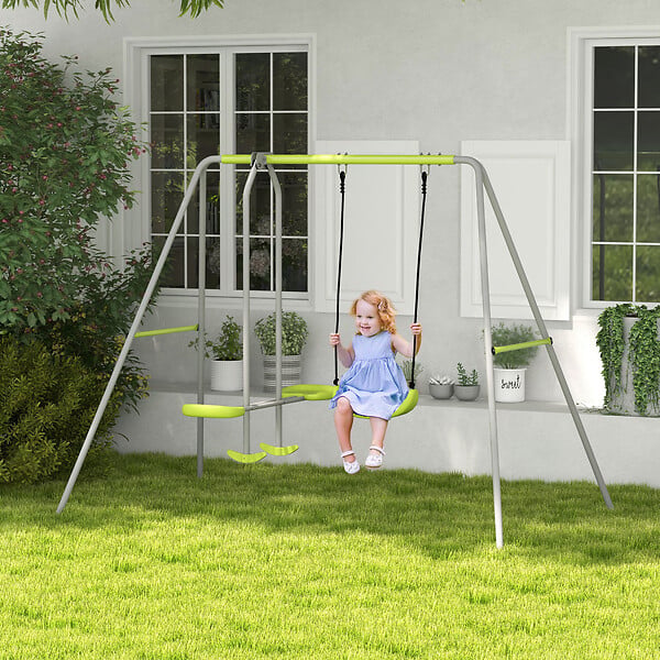 OUTSUNNY - Balançoire 2 agrès portique avec balançoire et face à face dim. 2,55L x 1,6l x 1,8H m métal époxy PE gris vert - large