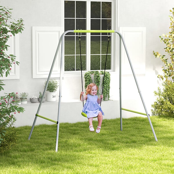 OUTSUNNY - Portique balançoire évolutive - siège haut, accoudoirs, ceinture sécurité 5 points, barre protection - métal époxy gris vert - large