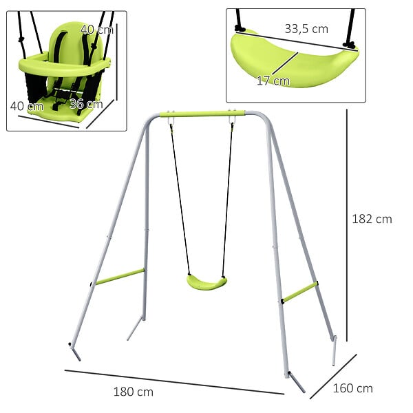 OUTSUNNY - Portique balançoire évolutive - siège haut, accoudoirs, ceinture sécurité 5 points, barre protection - métal époxy gris vert - large