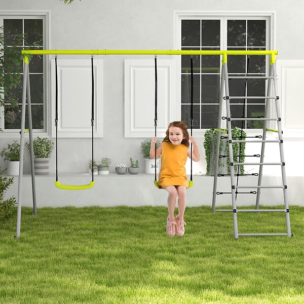 OUTSUNNY - Balançoire portique 4 agrès - 2 balançoires, 2 échelles - dim. 2,6L x 1,85l x 1,8H m - métal époxy PE gris vert - large
