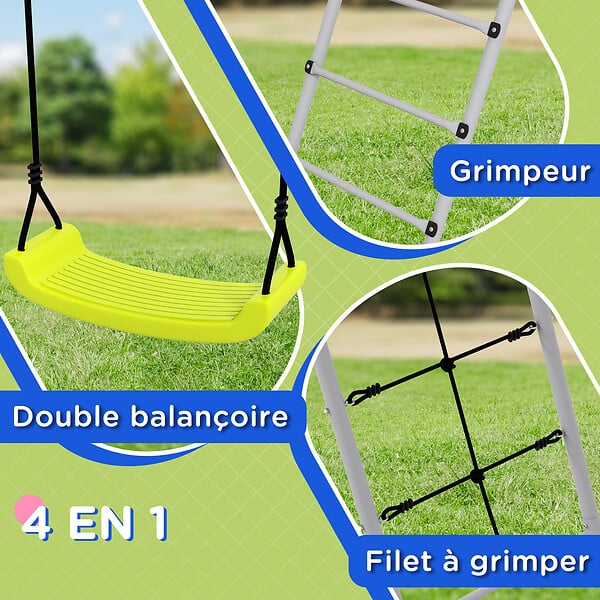 OUTSUNNY - Balançoire portique 4 agrès - 2 balançoires, 2 échelles - dim. 2,6L x 1,85l x 1,8H m - métal époxy PE gris vert - large