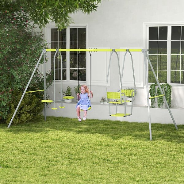 OUTSUNNY - Balançoire 3 agrès portique 2 face à face et balançoire dim. 2,83L x 1,56l x 1,8H m métal époxy PE gris vert - large
