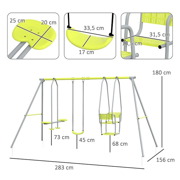 OUTSUNNY - Balançoire 3 agrès portique 2 face à face et balançoire dim. 2,83L x 1,56l x 1,8H m métal époxy PE gris vert - large