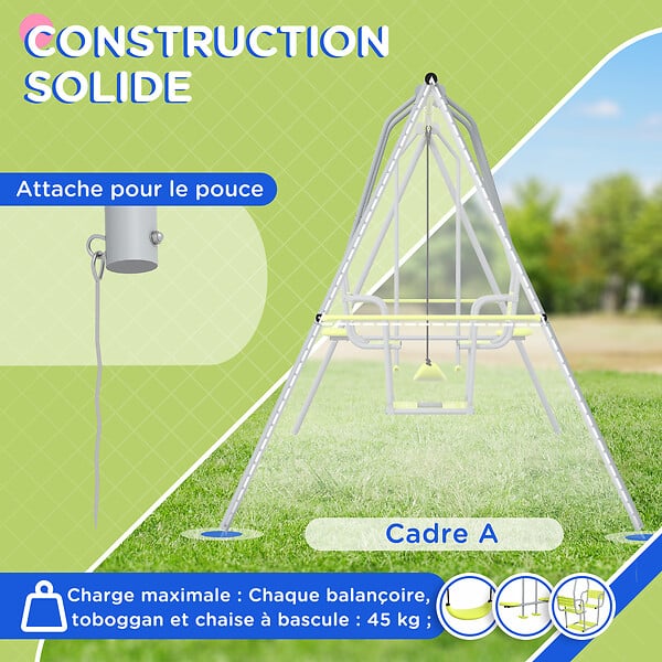 OUTSUNNY - Balançoire 3 agrès portique 2 face à face et balançoire dim. 2,83L x 1,56l x 1,8H m métal époxy PE gris vert - large