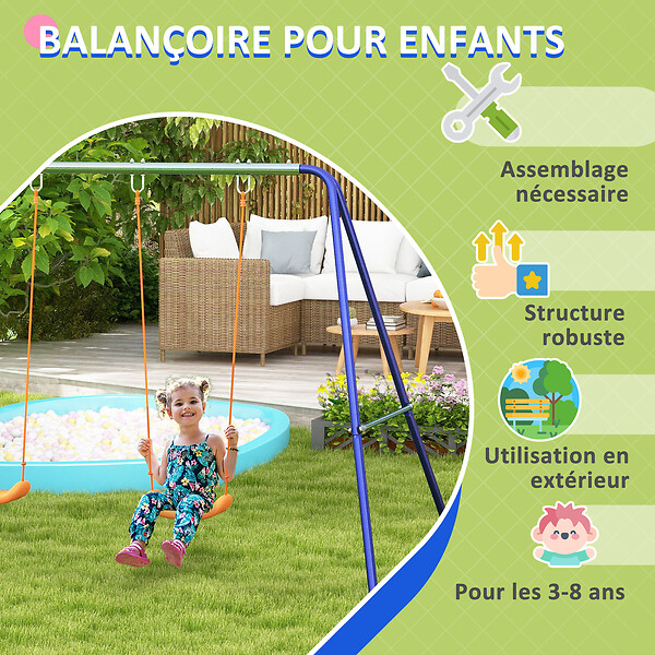 OUTSUNNY - Balançoire 2 agrès portique avec 2 balançoires dim. 2,69L x 1,6l x 1,8H m métal époxy anticorrosion vert bleu PP orange - large