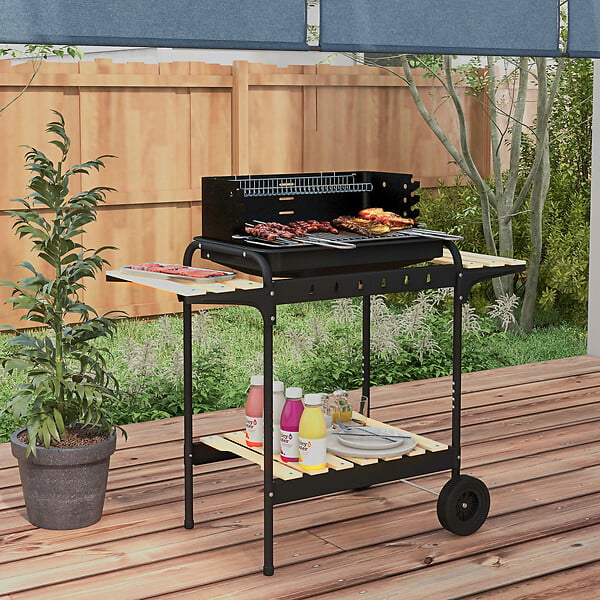 OUTSUNNY - Barbecue à charbon sur pied grille réglable 2 roues 3 étagères récupérateur de cendres noir - large