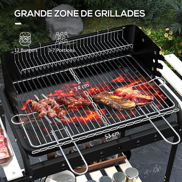 OUTSUNNY - Barbecue à charbon sur pied grille réglable 2 roues 3 étagères récupérateur de cendres noir - large