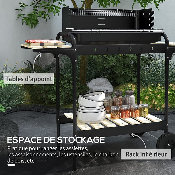 OUTSUNNY - Barbecue à charbon sur pied grille réglable 2 roues 3 étagères récupérateur de cendres noir - large