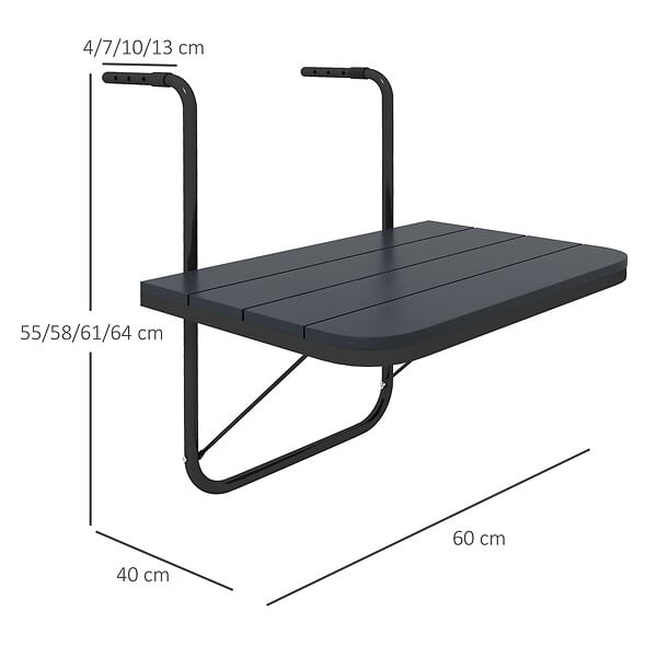 OUTSUNNY - Table suspendue de balcon pliable dim. plateau 60L x 40l cm hauteur réglable 55-64H cm alu plastique noir - large