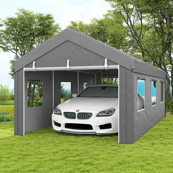 OUTSUNNY - Tente garage carport dim. 6L x 2,95l x 2,78H m acier galvanisé PE haute densité 2 portes 6 fenêtres gris - large
