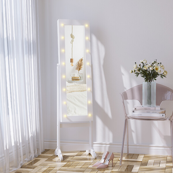 HOMCOM - Armoire à bijoux sur pieds avec miroir multi-rangement éclairage LED blanc - large