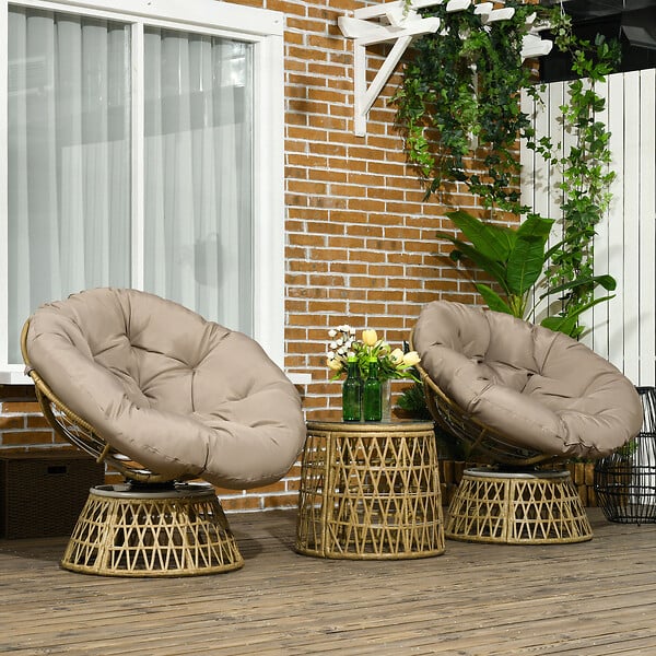 OUTSUNNY - Ensemble salon de jardin 3 pièces - 2 fauteuils papasan, table basse - coussins taupe - résine tressée aspect rotin - large