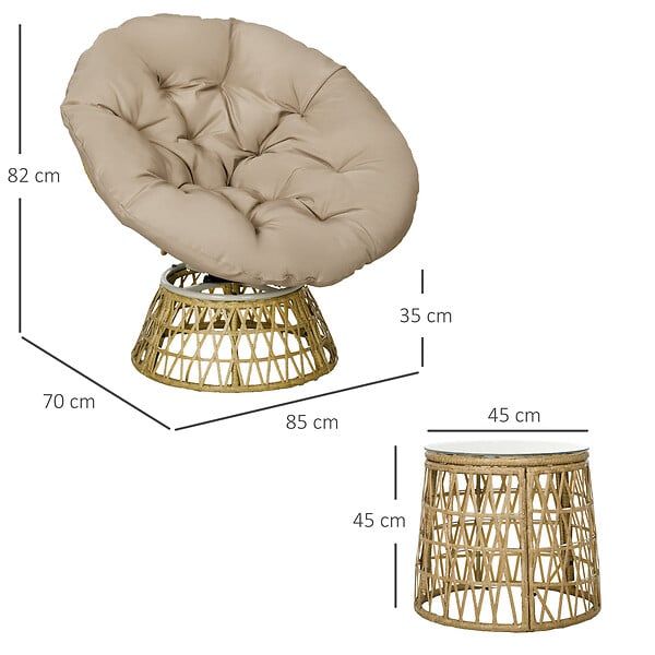 OUTSUNNY - Ensemble salon de jardin 3 pièces - 2 fauteuils papasan, table basse - coussins taupe - résine tressée aspect rotin - large