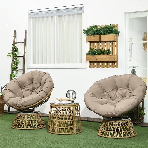 OUTSUNNY - Ensemble salon de jardin 3 pièces - 2 fauteuils papasan, table basse - coussins taupe - résine tressée aspect rotin - large