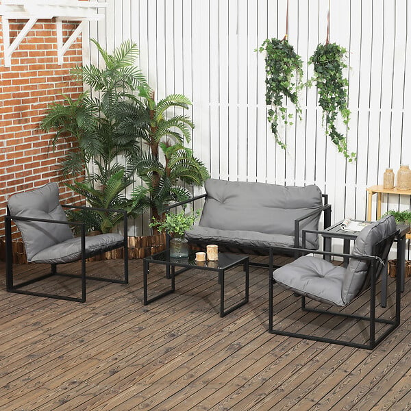 OUTSUNNY - Salon de jardin 4 personnes - 4 pièces, 3 coussins - acier époxy noir polyester gris - large