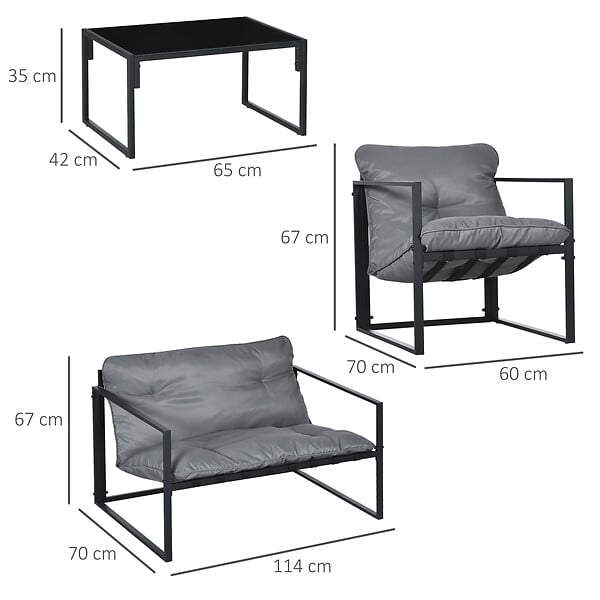 OUTSUNNY - Salon de jardin 4 personnes - 4 pièces, 3 coussins - acier époxy noir polyester gris - large