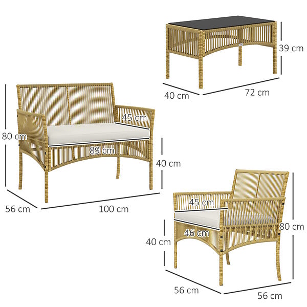 OUTSUNNY - Salon de jardin 4 places 4 pièces style colonial table basse coussins inclus résine tressée filée aspect rotin beige - large