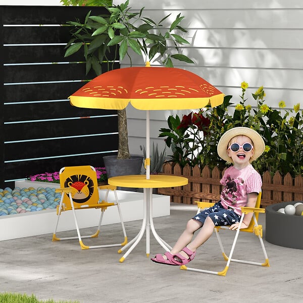 OUTSUNNY - Ensemble salon de jardin enfant 4 pcs design lion - chaises pliables - métal polyester jaune rouge - large