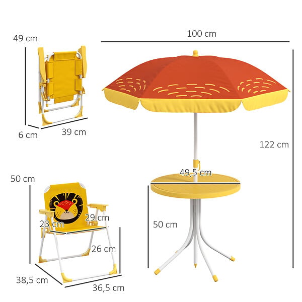 OUTSUNNY - Ensemble salon de jardin enfant 4 pcs design lion - chaises pliables - métal polyester jaune rouge - large
