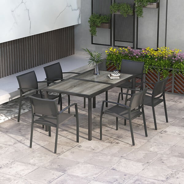 OUTSUNNY - Ensemble salon de jardin 6 places 7 pièces avec table à manger acier textilène aspect bois gris - large