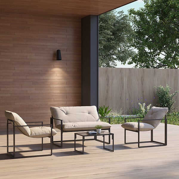 OUTSUNNY - Salon de jardin 4 personnes - 4 pièces, 3 coussins - acier époxy noir polyester beige - large