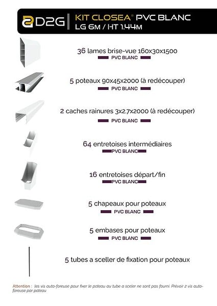 CLOSEA - Kit cloture - Lame 16cm   - PVC Blanc - LG: 6m x H: 1m44 - large