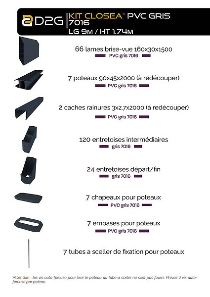 CLOSEA - Kit cloture - Lame 16cm  - PVC Gris - LG: 9m x H: 1m74 - large