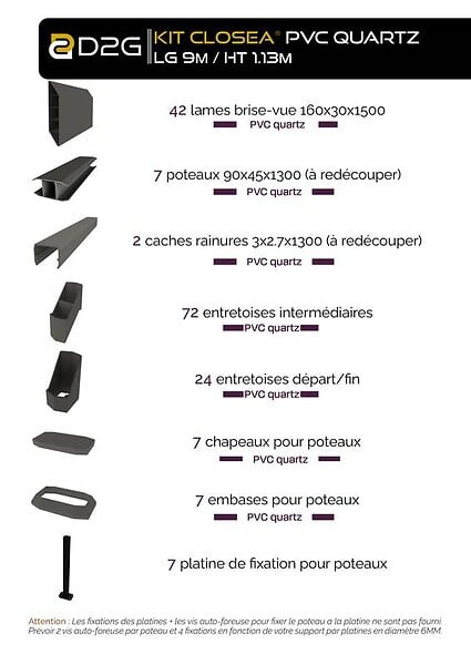 CLOSEA - Kit cloture - Lame 16cm   - PVC Quartz - LG: 9m x H: 1m13 - large