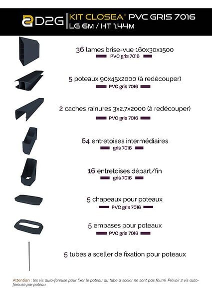CLOSEA - Kit cloture - Lame 16cm  - PVC Gris - LG: 6m x H: 1m44 - large