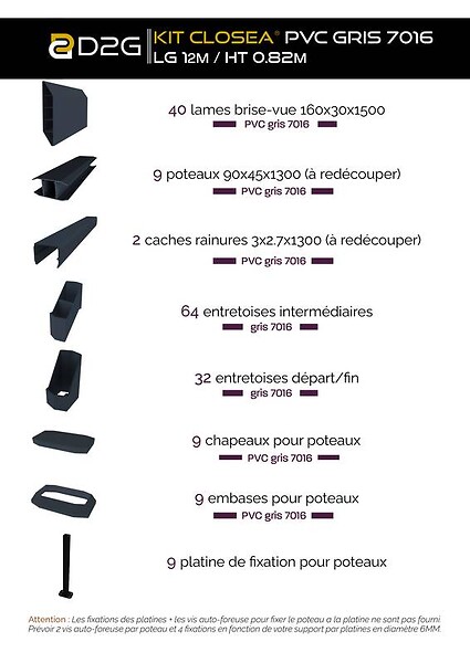 CLOSEA - Kit cloture - Lame 16cm  - PVC Gris - LG: 12m x H: 0m82 - large