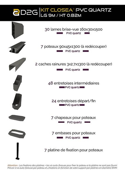 CLOSEA - Kit cloture - Lame 16cm   - PVC Quartz - LG: 9m x H: 0m82 - large