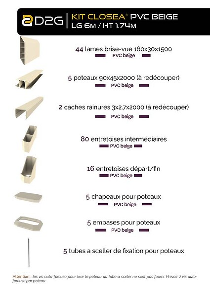 CLOSEA - Kit cloture - Lame 16cm   - PVC Beige - LG: 6m x H: 1m74 - large
