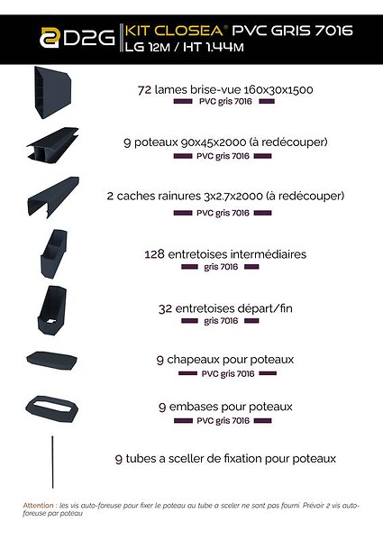 CLOSEA - Kit cloture - Lame 16cm   - PVC Gris - LG: 12m x H: 1m44 - large