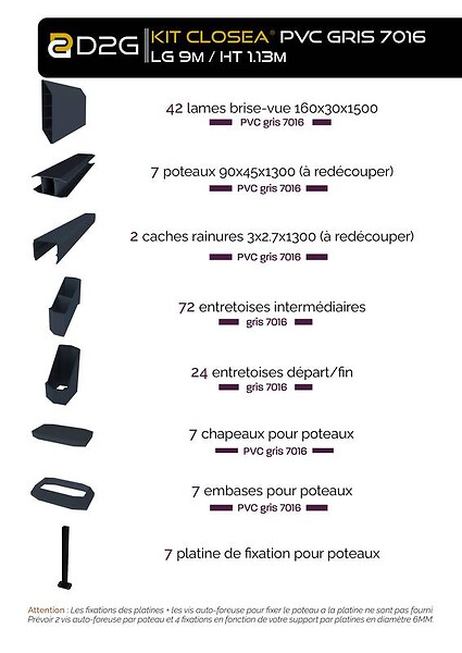 CLOSEA - Kit cloture - Lame 16cm  - PVC Gris - LG: 9m x H: 1m13 - large